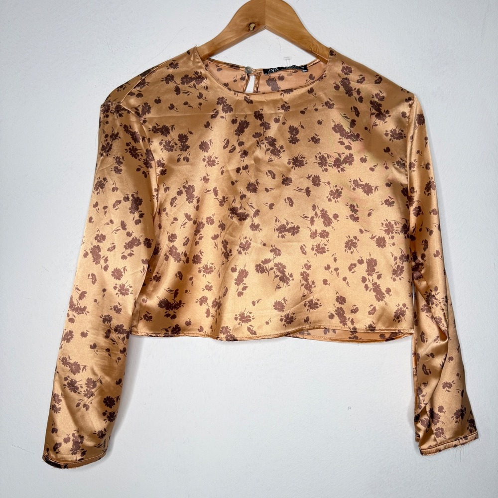 Zara Womens XS Satin Crop Top Gold Floral Long Sleeve Party Going Out Blouse